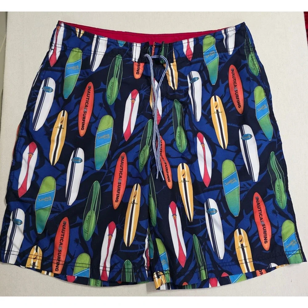 Nautica Men 36W Blue All Over Print Swim Trunks Board Shorts Mesh Lining Vtg Y2K